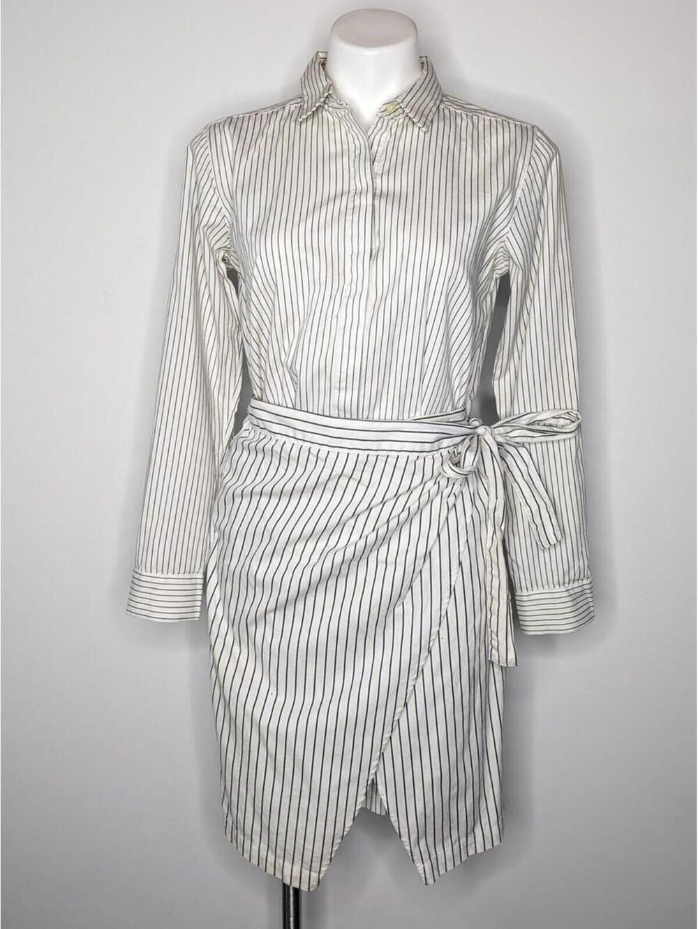 NWT GAP Black White Pinstripe Cotton Faux Wrap Dress XS